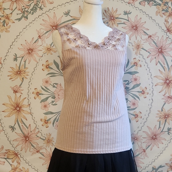 Light pastel Lace pink tank top Bling Deco Axes Femme J fashion Mori Kei Shoujo - Picture 1 of 8